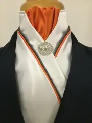 HHD White Satin Custom Pretied Stock Tie Orange & Grey