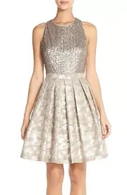 AIDAN MATTOX Champagne Sequin Jacquard Fit & Flare Dress - Size 10 - NWT