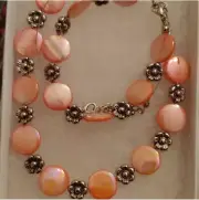 Handmade SET Floating Glass Iridescent Flat Pink beads w/ metal flower spacers