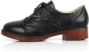 [Generic] Women's English-Style Chunky Heel Brogue Oxford Shoes, Lace-up Leather Platform Visible Texture Leather Shoes