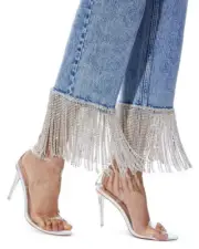 Alice + Olivia Boyfriend Rhinestone Jewel Fringe Trim Denim Wash Jeans 28 $695 6