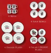 16 Pcs, Set of FOUR Sakura Holiday Greens Christmas Dinnerware Mint in Box