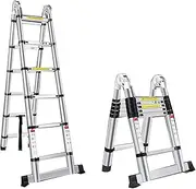 Telescoping Ladder, Extension Ladder, A-Frame Portable Folding Ladder Aluminium Lightweight 330lb Load Capacity with Support Bar Anti-Slip, for Window Cleaning(2.5+2.5m,Can Become 5m)