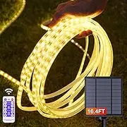 LIFENGSOLER Solar Strip Lights Outdoor Waterproof, 16.4FT 300LEDs Solar & USB Powered LED Strips with Remote, 3000K Warm White LED Strips for Porch Gazebo Balcony Trampoline Garden Decor