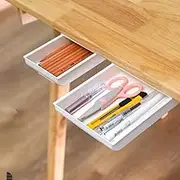 Frafuo 2 Pcs Adhesive Under Desk Drawer For Cabinets-Under Desk Storage Organiser Tray-Plastic Hidden Table Drawer Storage Slide Out-Adhesive Hidden Desktop Organizer (White,L+M)