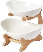 2 Tier Porcelain Fruit Bowl - Ceramic Vegetable Storage with Bamboo Stand