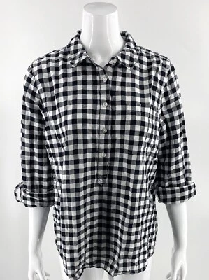 Rachel Hollis Top 12 Black White Gingham Linen Blend Roll Tab Sleeve Womens NEW