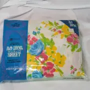 Grants Home Muslin Yellow Blue Pink Flower Double Fitted Sheet NOS VTG 1970s