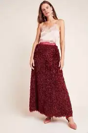 Anthropologie Sunday in Brooklyn Chantal Feathered Maxi Skirt SMALL Wine $160