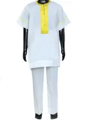 Embroidered Off-White Gold African Dashiki shirt with Pants-DPC3