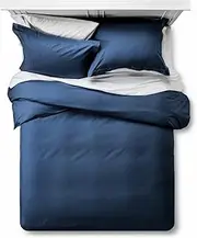Feather & Stitch 3 Piece Duvet Cover Set Full/Queen Size Dark Blue 100% Cotton Comforter Cover 500 Thread Count Damask Stripe Duvet Insert Zipper Closure Corner Ties 2 Pillow Shams Bedding
