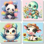 4 Pack Animal Paint by Number for Kids with Wooden Frame-Paint by Numbers for Kids Animals Ages 4-8-12,Easy Panda Sea Turtle Owl Cow DIY Acrylic Oil Painting Kits for Home Wall Decor(8X8inch)