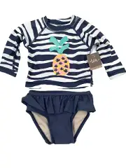 Tea Collection 3-6m Swimming Suit Swim Rash Guard Set Batik Waves Pineapple 2pc