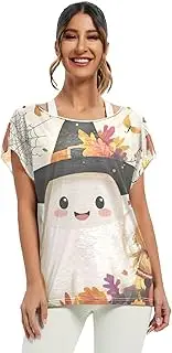 [Joisal] Tie Dye Fireworks Burst Womens Tops Short Sleeve Boat Neck Batwing Sleeve Women's Blouses Loose Women Shirt, Cute Ghost, X-Large