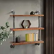 Artiss Floating Wall Shelf, 61cm Width Bookshelf Bathroom Shelves Display Pipe Shelving Rack Bracket Home Office Bedroom Living Room Kitchen Furniture, DIY 3 Tier Industrial Rustic Brown