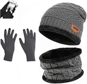 [Aufondof] 3 Pack Winter Knit Beanie Scarf Gloves Set for Men Thick Warm Sets Knitted Scarf Beanie Hat Touchscreen Gloves Neck Warmer with Fleece Lining