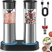 Sobtoe Gravity Electric Salt and Pepper Grinder Set, Rechargeable Automatic Salt and Pepper Mill Grinder with Adjustable Coarseness, Electric Salt and pepper Shakers, LED Light, (2 Packs)