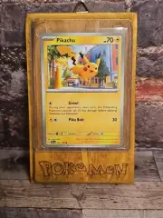 Wooden rustic card handmade Wall Display with a Pokémon card pikachu 062/093