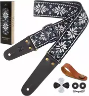 Guitar Strap, Vintage Embroidered Cotton Guitar Straps with Head Cowhide Leather
