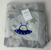 NWT Carters Space Alien UFO Spaceship Grey Embossed Stars Satin Baby Blanket