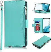 [Cavor] for Samsung Galaxy S22 Case,PU Leather Zip Pocket Wallet Flip Cover Case Magnetic Closure Book Design with Kickstand Feature & Card Slots Compartment for Samsung Galaxy S22 5G(6.1")-Light Green