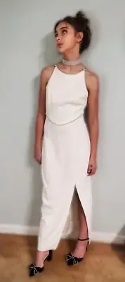 old hollywood glam white and rhinestone formal dress size 5/6 side split nwt 90s