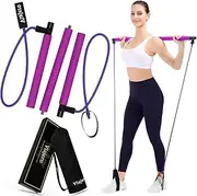 Pilates Bar Kit for Portable Home Gym Workout - 2 Latex Exercise Resistance Band - 3-Section Sticks - All-in-one Strength Weights Equipment for Body Fitness Squat Yoga with E-Book & Video