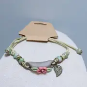 Pink, Green Floral Flower Clay Charm Boho Cottagecore Adjustable Cord Bracelet