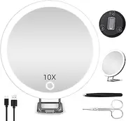 Jadazror 10X Magnifying Mirror with Lights, 6inch Makeup Magnifying Mirror 10X Lighted Magnification with Adjustable Stand & 3 Suction Cups - for Detailed Makeup,Shaving,Blackhead Blemish Removal