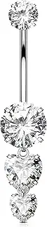 [OUFER] 14G Heart Belly Button Piercing with Pendant Internal Thread Belly Button Piercing Stainless Steel 316L Clear CZ Belly Button Ring 8/10/12/14/16 mm Long Belly Ring for Women