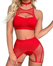 [ABAFIP] Women Rave Outfits Cutout Fishnet Top Booty Shorts Bottom Choker 3Pcs Babydoll Nightwear Festival Lingerie