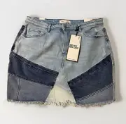 Almost Famous 16W blue frayed patchwork jean hippie mid rise mini skirt NEW