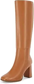 [Coutgo] Womens Wide Calf Knee High Boots Chunky High Heel Square Toe Fashion Leather Shoes with Side Zipper