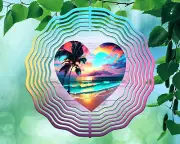 10" Ocean Island Sunset Heart Wind Spinner Yard Decor 3D Kinetic rws083