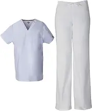 [Dickies] EDS Signature Unisex Scrubs Set 83706 Tuckable V-Neck Top & 83006 Drawstring Pant, White-M Top/S Pant, White, Large Top / Medium Pant