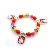 Childrens Multi-Color Beaded Stretch Bracelet W Red Owl Charms