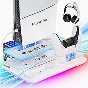 PS5 Pro Stand,Playstation 5 Slim Cooling Station with Dual Hard PS5 Controller Charger 3 Quiet Level Fan,3 USB Hub Fast Charge 9 RGB Light Drive for All Version Disc & Digital Console(Upgraded)