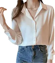 [Hcclijo] Women's Satin Shirts V Neck Tops Women's Spring Satin Long Sleeve Shirts Button Up Vintage Tops