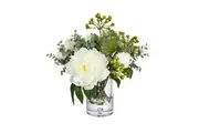 Glamorous Fusion Peony & Banksia 30cm White Artificial Faux Plant Flower Decorative Mixed Arrangement In Glass