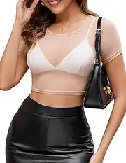 [GAMISS] Mesh Top for Women Short Sleeve Crop Mesh T Shirt Sheer Tee Top Y2k See Through Crew Neck Clubwear