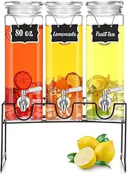 RimCereal 3 Pack 80 oz Tall Glass Drink Dispenser with Stand, Lid, Label and Stainless Steel Leakproof Spigot Beverage Water Dispenser Clear Mason Jar for Party Fridge(Square)