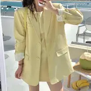 Plain Single-Breasted Blazer / Sleeveless Mini A-Line Dress Dress - Light Yellow - L