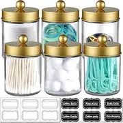Amolliar 6Pc Apothecary Jars Bathroom Vanity Organizer- Rustic Farmhouse Decor Storage Canister with Stainless Steel Lids- Qtip Dispenser Holder for Q-Tips,Cotton Swabs,Rounds,Ball,Flossers (Gold)