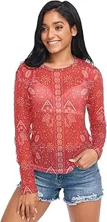 [RPLIFE] Christmas Gingerbread Houses Red Mesh Sleeve Top, Sheer Tops S-XXL