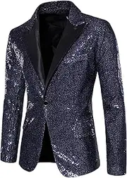 [SWJGLITTR] Men's Sequins Suit Jacket One Button Party Dinner Blazer Coats Shiny Sequin Tuxedo Sport Coat, Navy Blue, X-Large