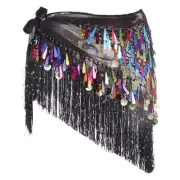 Belly Dance Hip Scarf with Tassels Sequin Coin for Party(Black)
