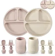 PandaEar Silicone Baby Feeding Set| 2 Pack Silicone Divided Suction Plate and 2 Pack Tiny Cup with 2 Spoons 2 Forks| Baby Led Weaning Supplies Self Feeding Eating Utensils (Light Tan/Pink)