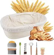 Sourdough Bread Baking Supplies Set Oval Proofing Basket 10in Rattan with Liner Dough Scraper Brush Double Loop Whisk Bamboo Brush Sourdough Starter Kit Bread Pan Banneton Basket