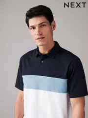 Blue/White 100% Cotton Short Sleeve Button Up Block Polo Shirt (979878) | $33