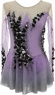 [Zagitova] Adult Figure Skating Dress, Long Sleeve Breathable Girls Competition Dance Costume with Shiny Rhinestone